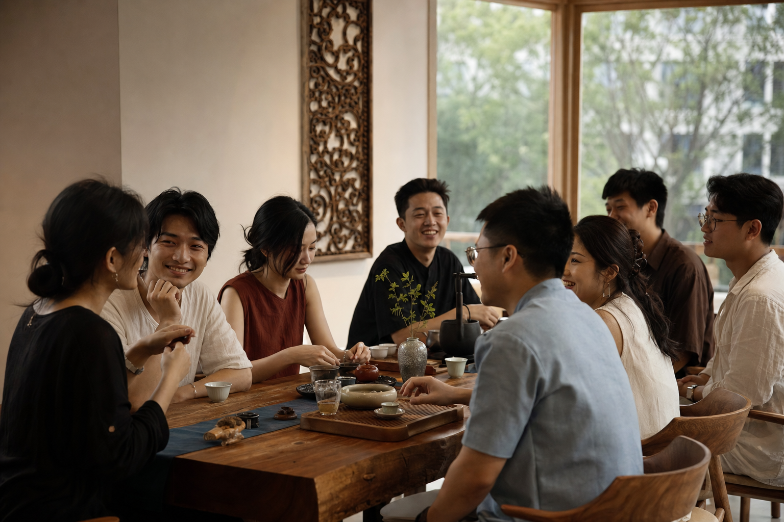 年轻潮人在城市茶局中相识交谈