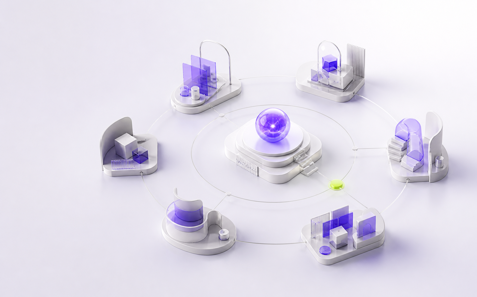 多个创意与专业能力模块围绕 AI 想法彼此连接的原创 3D 场景