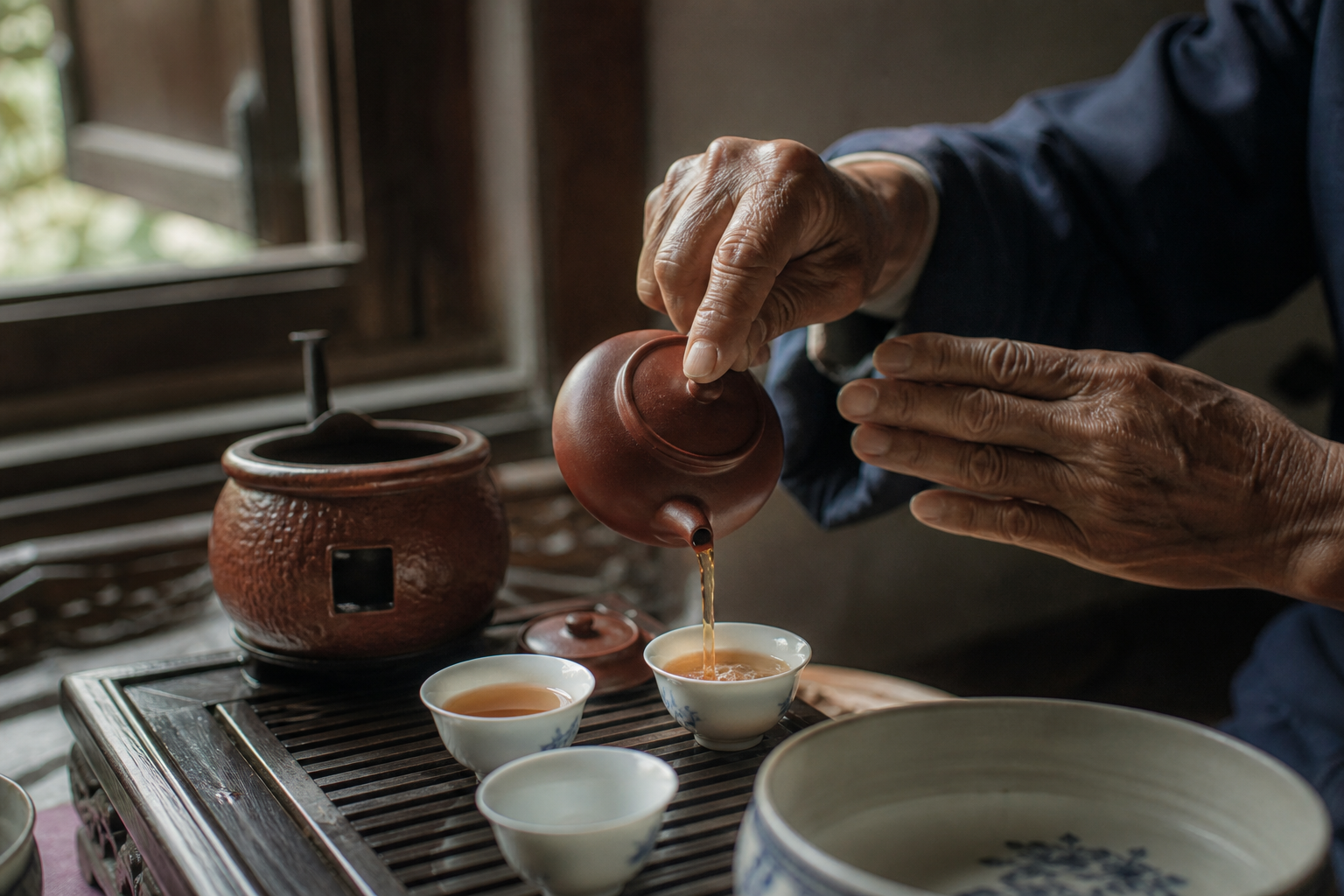 老人用朱泥壶冲泡工夫茶的手部特写