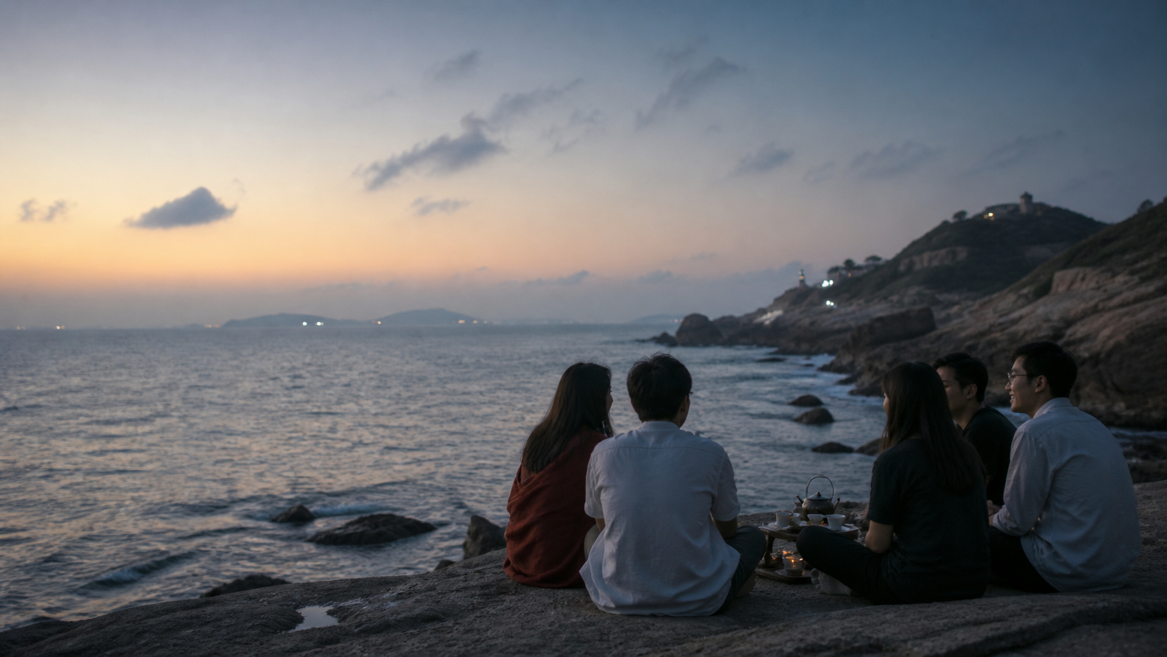 南澳海边傍晚，一群朋友围坐看向大海
