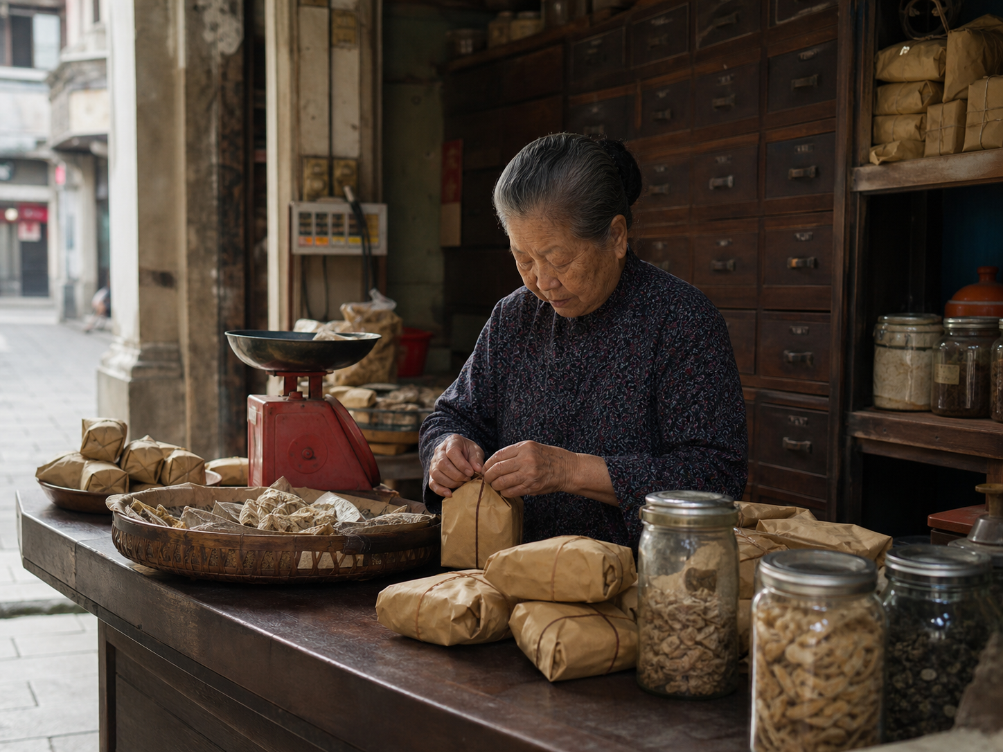 潮汕老铺里，老人安静地包着货品